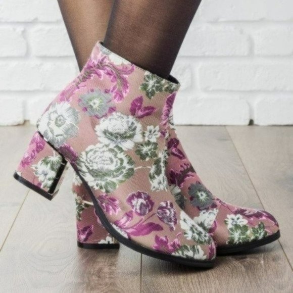 Shoes - #02 Mauve floral gold metal block heel ankle bootie boots